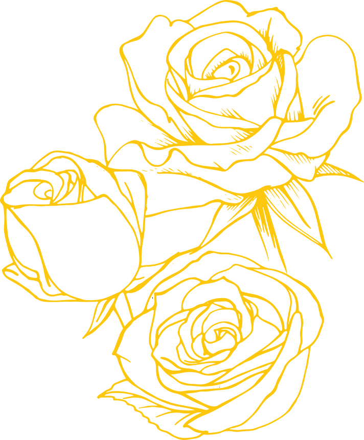 Lineart illustration of three roses with yellow lines