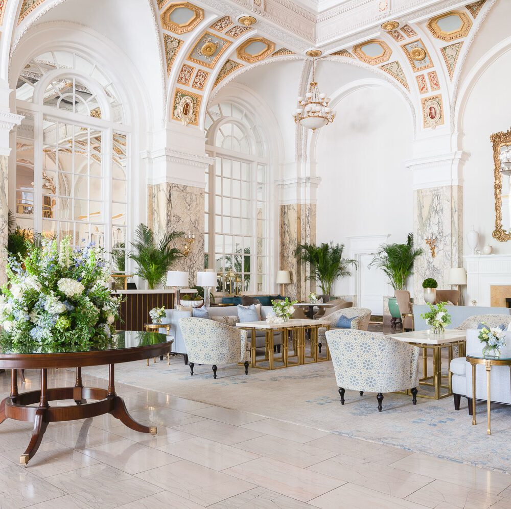 the bright open lobby at the hermitage hotel