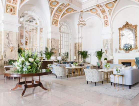 the bright open lobby at the hermitage hotel