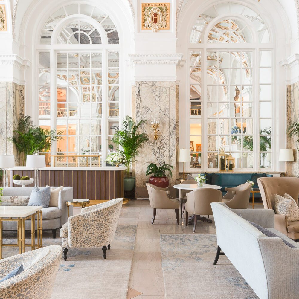 The Hermitage Lobby with spacious seating, high ceilings and airy atmosphere.