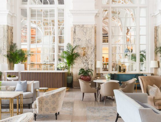 The Hermitage Lobby with spacious seating, high ceilings and airy atmosphere.